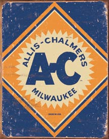 The Allis Chalmers Logo Tin Sign will add a rustic look to your cabin or home, showing a nostalgic scene.  The sign is easy to hang, with pre-drilled holes in each corner and measures 16"  x 12.5" .