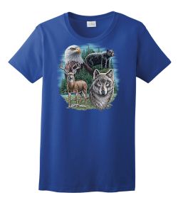 Eagle, Bear, Deer, Wolf Collage Wildlife Ladies Tee