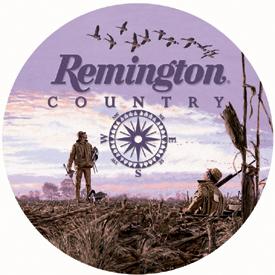 Remington Country - Goose Hunting tin sign will add a rustic look to your cabin or home, featuring goose hunters in a field with a flock overhead.  The sign is easy to hang, is round with rolled edges and measures 11.75" in diameter.